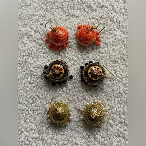 Brand New Elegant Multicolor Jhumka Earrings 3 pairs Orange, Green & Black